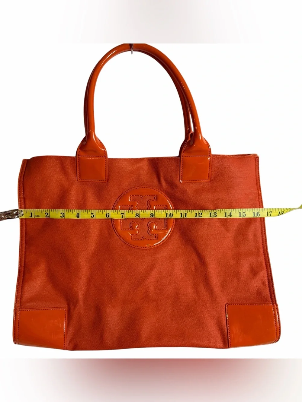 Tory Burch Orange Canvas Tote Patent Leather Trim Embossed Logo Bag